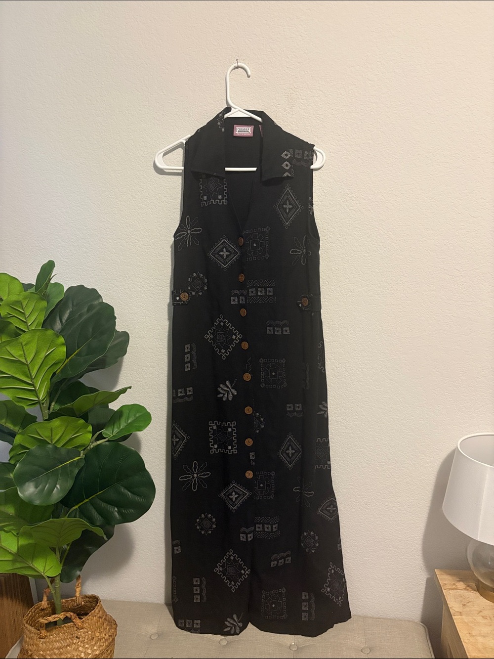 Vintage 90s Sleeveless collared Black Button-Front Maxi Dress with side tabs
